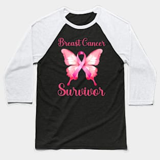 Breast Cancer Survivor Cute Pastel Pink Ribbon Butterfly Baseball T-Shirt